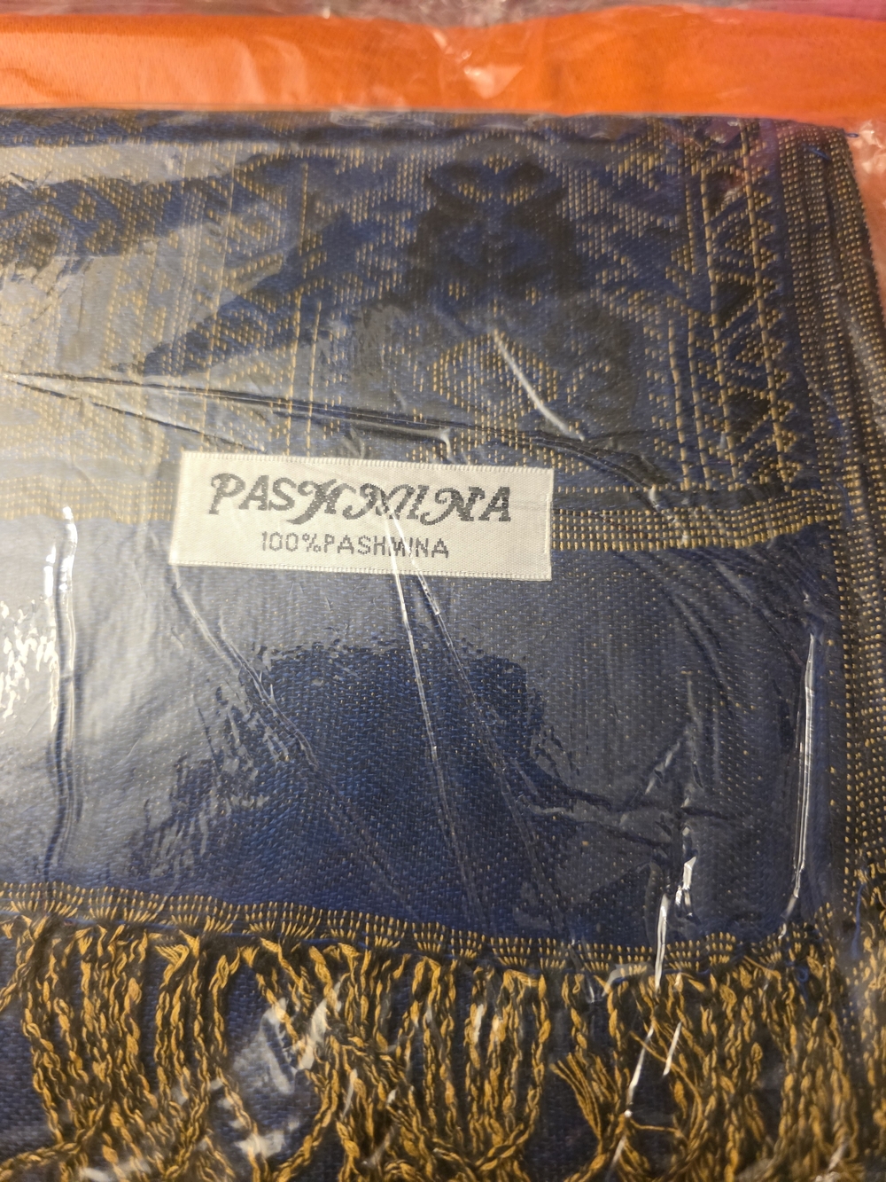 pashmina Navy Blue Wrap with Gold Accents 27x72 Scarf